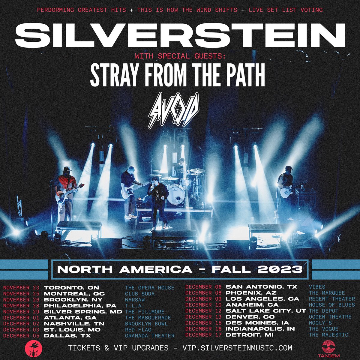 🇨🇦🇺🇸TOUR: Nov 23-Dec 17 with: @strayfromdapath & @AVOIDKICKSASS VERY special show including all your favourite Hits / This is How the Wind Shifts (full album - first and only time) / Live Set List Voting - allowing fans to pick songs during the show! 🎫 VIP.SilversteinMusic.com