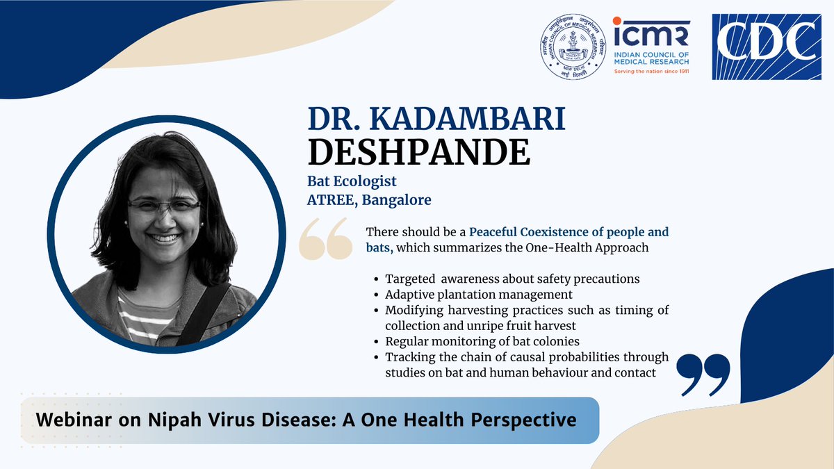 ICMRDELHI's tweet image. Kadambari Deshpande, Bat Ecologist at @atree_org who has been studying human-bat interactions for over a decade, discusses #OneHealth approach for coexistence of people and bats.