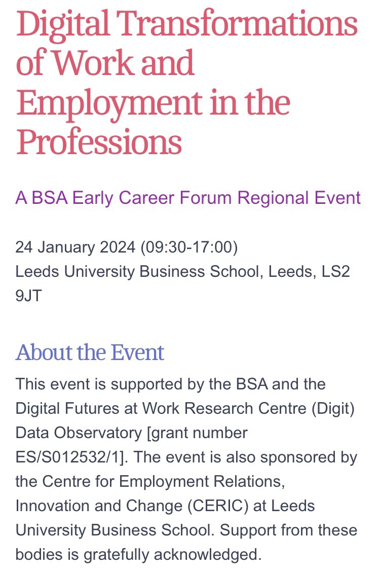 📣🚨NEW EVENT DATE AND NEW ABSTRACT DEADLINE! Please repost 🔁 🌟 ECRs and PGRs researching digital change in professional work: this one-day event in Leeds is for you! 24th January 2024🌟 🌟 500 word abstract deadline 22nd November 🌟 More details: britsoc.co.uk/events/key-bsa…