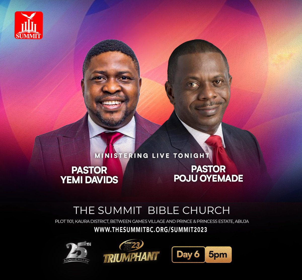 Get ready for an encounter. See you this evening. copied @SummitAbuja

@pastorpoju
@YemiDavids

#Day6
#Summit2023
#Triumphant
#SummitConference