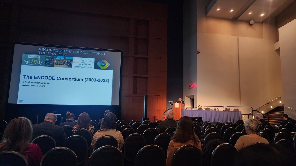 KevinTBooth's tweet image. The #ENCODE session starting now, moderated by former PC members Carolyn Hutter and Tim Reddy! @NHGRI_Director @DukeU 
The ENCODE project is a true testament of the power of collaboration and dreaming big.
#genetics #ASHG23 @GeneticsSociety @ENCODE_NIH