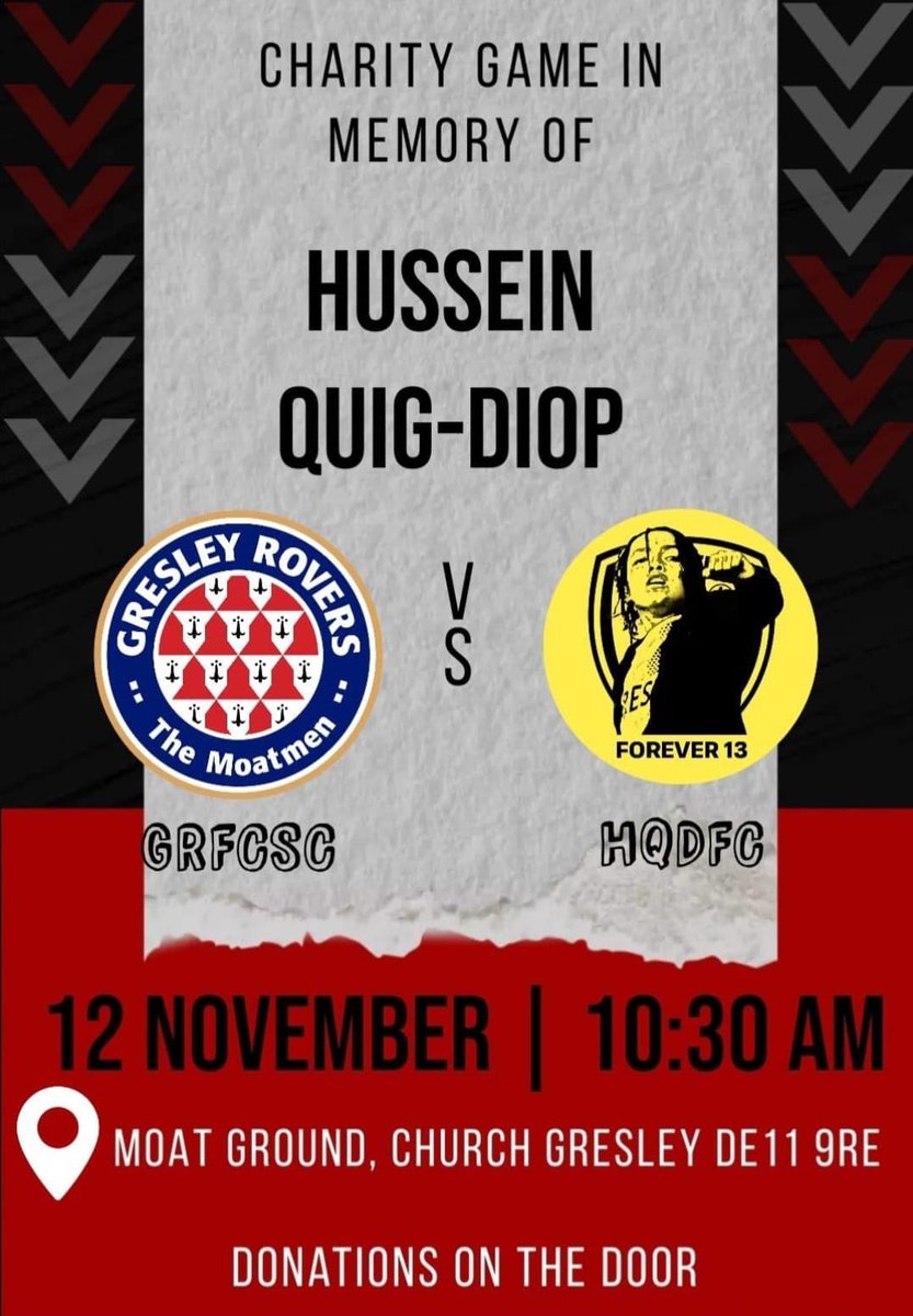 GresleyRovers's tweet image. Charity game in memory of Hussein Quig-Diop on Sunday 12th November at 10:30am. Donations will be taken on the door and all proceeds will be going to Brandon’s Trust. 

@GresleyRoversSC