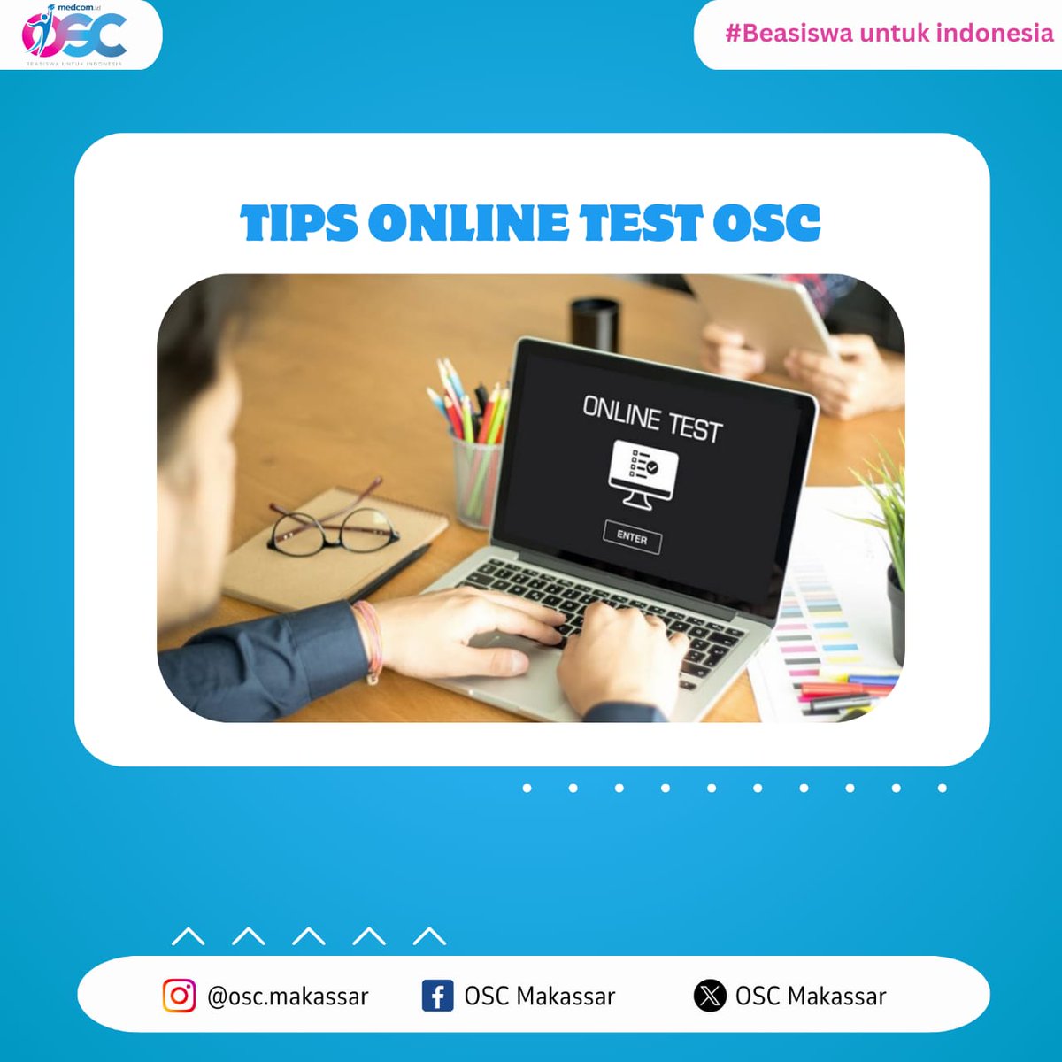 OSCMakassar's tweet photo. 🤫 JANGAN KASI TAU SIAPAPUN ‼️

Menjelang online test pasti #SobatOSC udah pada prepare kan? Nih mimin kasih tips biar persiapan kamu makin maksimal🔥 

Jangan lupa follow @beasiswaosc dan update terus informasinya di website https://t.co/HJARTgQ0pI good luck! 😆 https://t.co/c6jvjEGszv