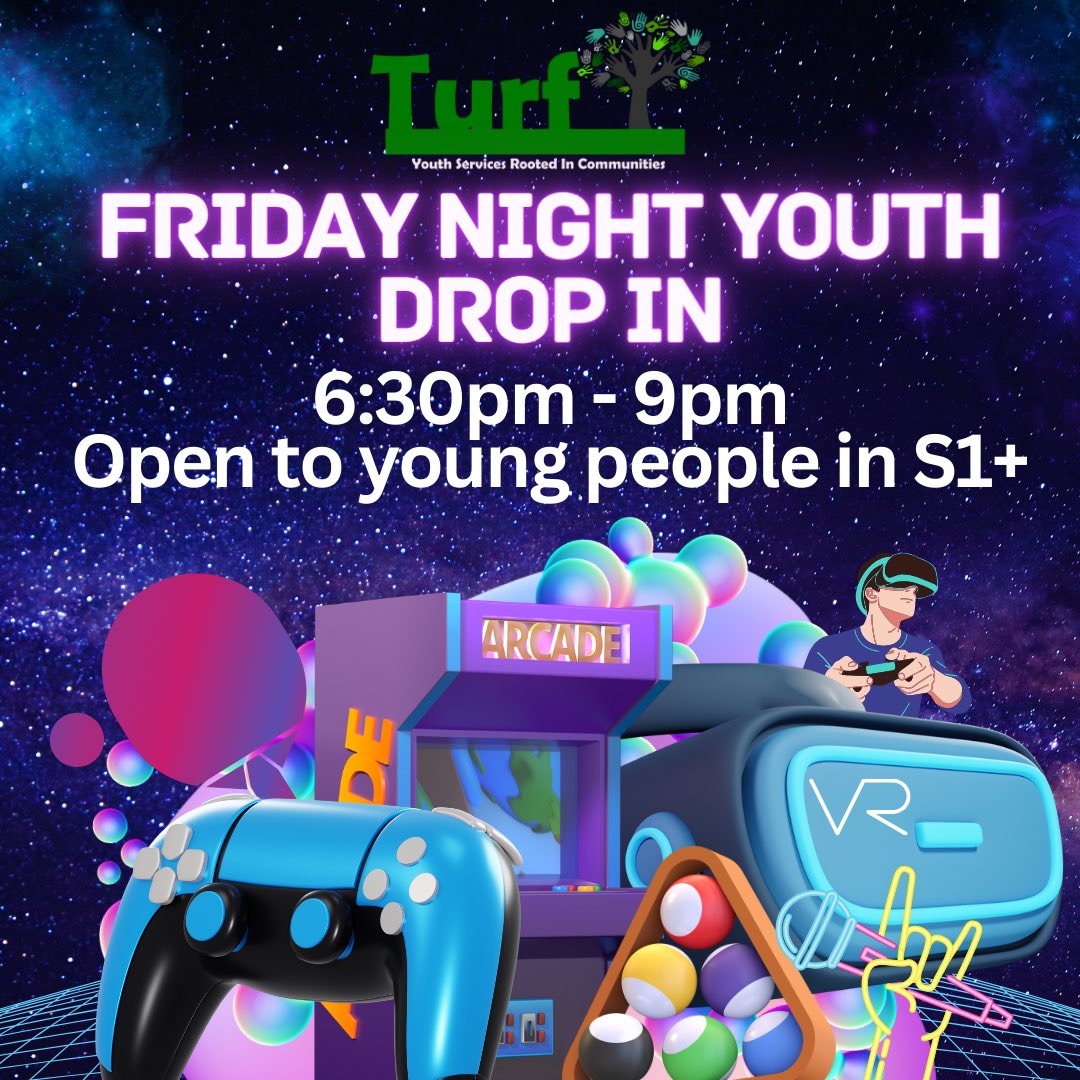 Open tonight, our FREE Youth Drop In for young people in S1 to S6 at our Neighbourhood Hub on Paisley Road West from 6:30pm to 9pm. 
📋 New young people welcome once an online parental membership form has been completed here: turfcommunity.org.uk/register
#youthworkchangeslives