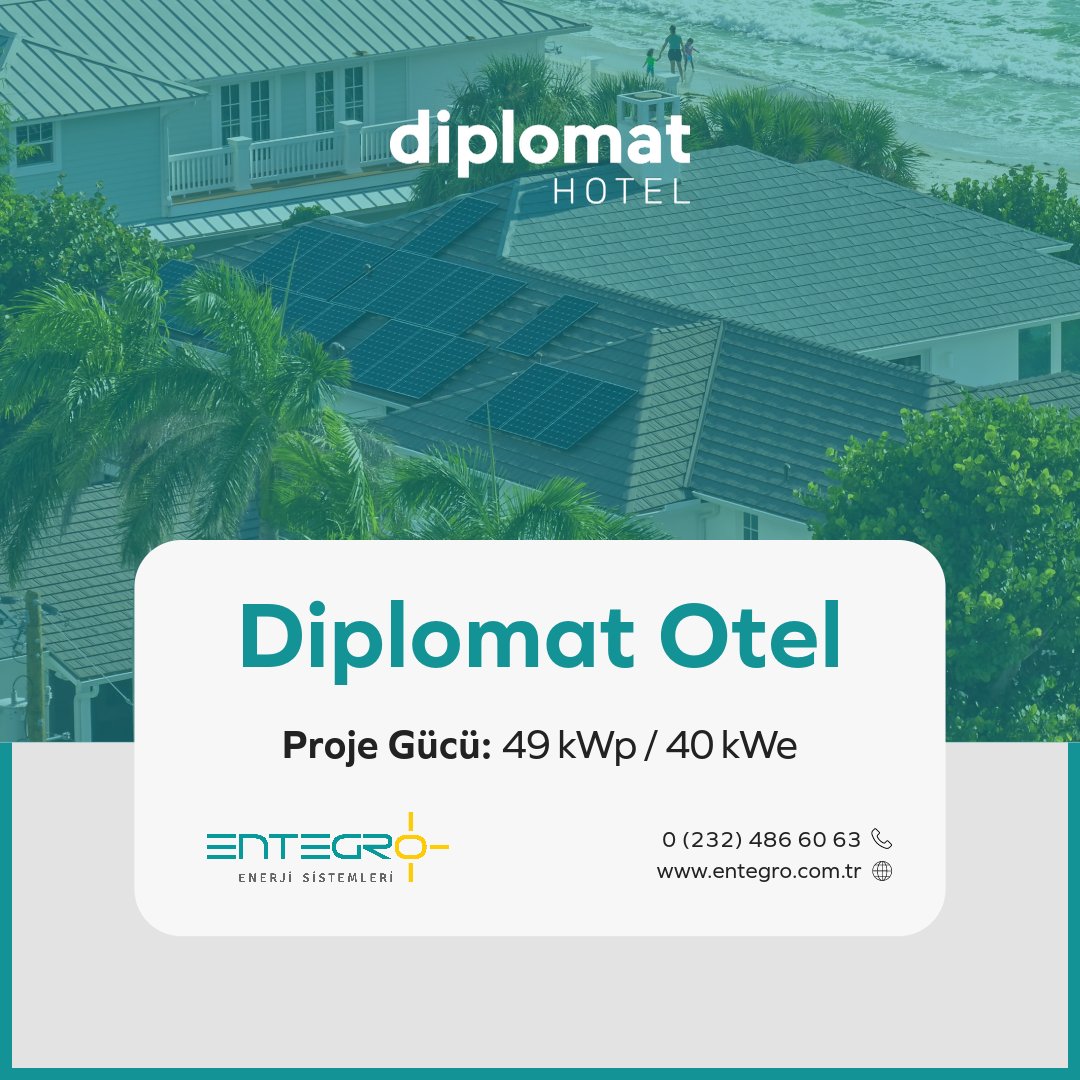 Marmaris/Muğla'da bulunan ve 1989 yılından bu yana hizmet veren Diplomat Otel çatısına 49 kWp gücünde GES kurulumu için sözleşme imzaladık.

🔗 entegro.com.tr
📞 +90 232 486 60 63

#SolarPower #ÇatıGES  #YenilenebilirEnerji #GESProje