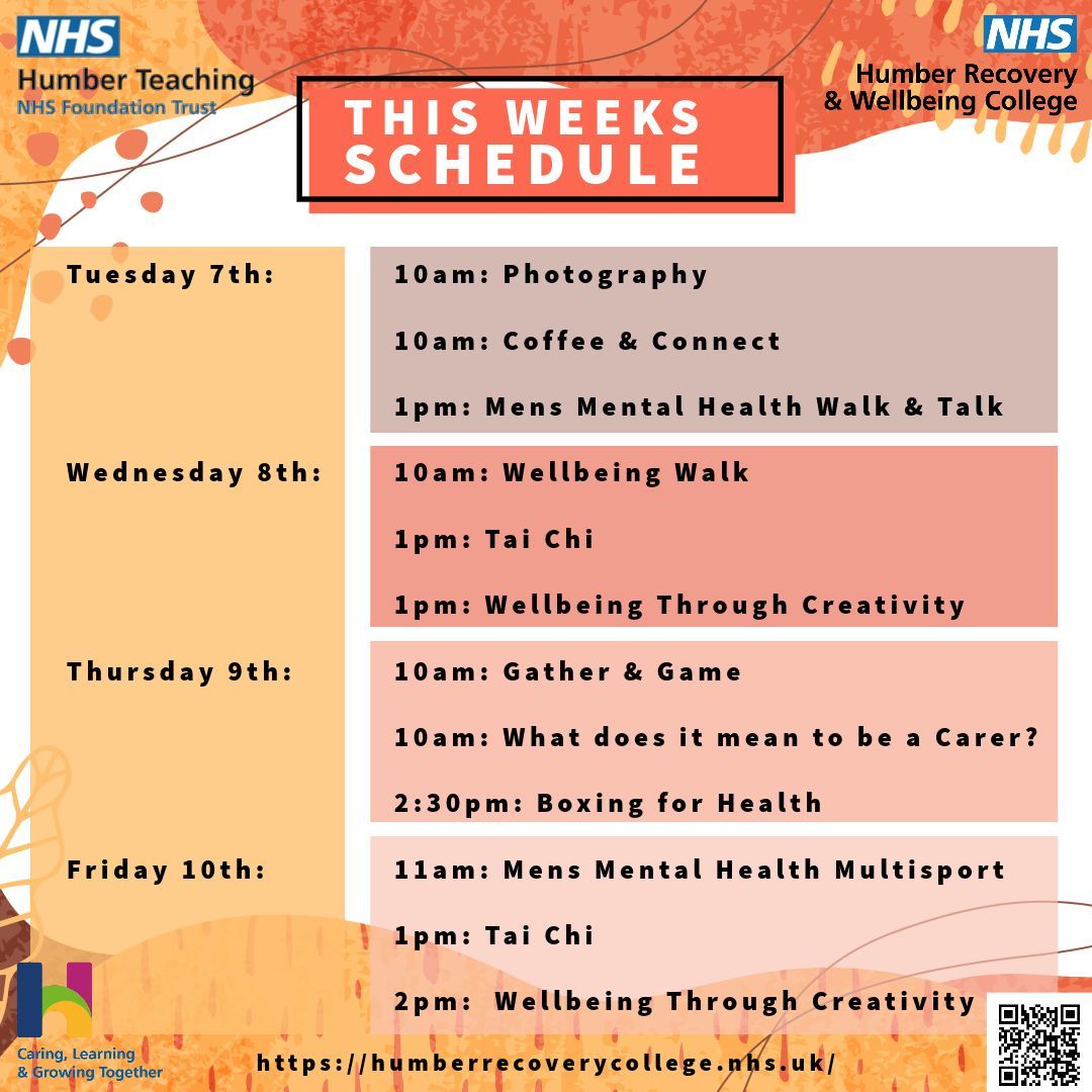 Here is what we have in stall for our first week back. We can't wait to see you! Booking is available on our website: humberrecoverycollege.nhs.uk #recoverycollege #recoveryandwellbeingcollege #communitygroups #whatsoninhull #whatsoningoole #humber #humbernhs #nhs