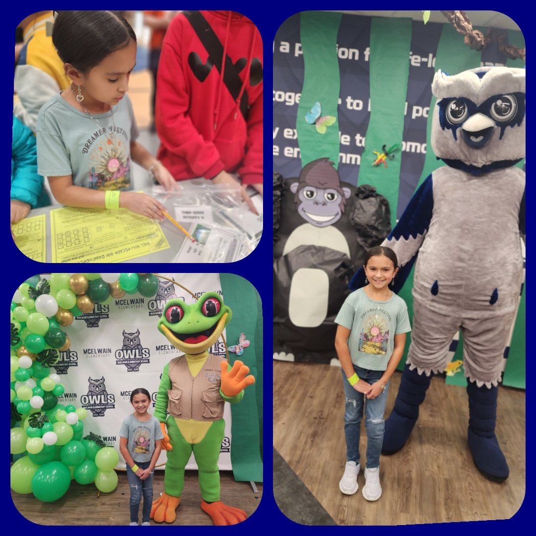 Our rainforest 🌳 🌴curriculum night📝 was a success at McElwain.  We got a picture 📸 with Ollie, our mascot, and with Cha Cha the Rainforest Cafe tree frog 🐸.   
#KatyisdMcElwain