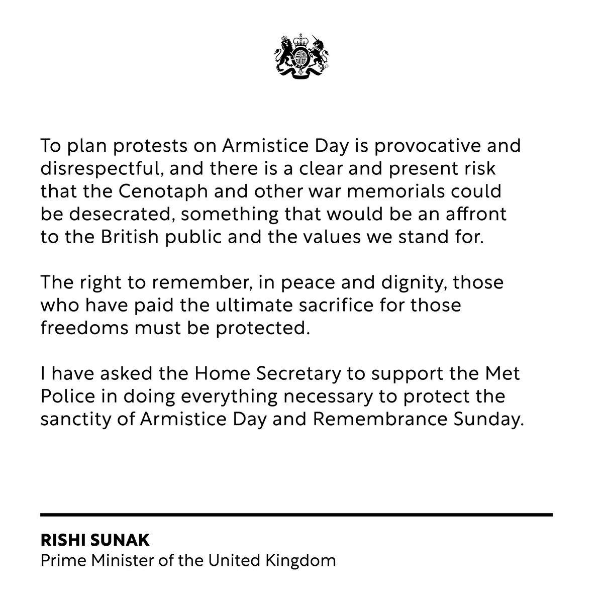 My statement on the disrespectful protests planned for Armistice Day.