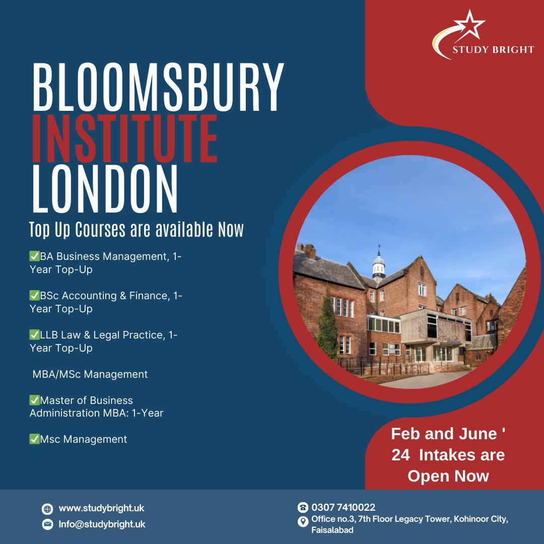Study_Bright's tweet photo. Bloomsbury Institute London 
𝐀𝐏𝐏𝐋𝐘 𝐍𝐎𝐖
Study Bright
Office no.3, 7th Floor Legacy Tower, Kohinoor, Faisalabad
 ➔ 𝐔𝐀𝐍 +92 307 7410022  
➔ 𝐖𝐡𝐚𝐭𝐬𝐀𝐩𝐩: +92 307 7410022 https://t.co/89H74epSQf