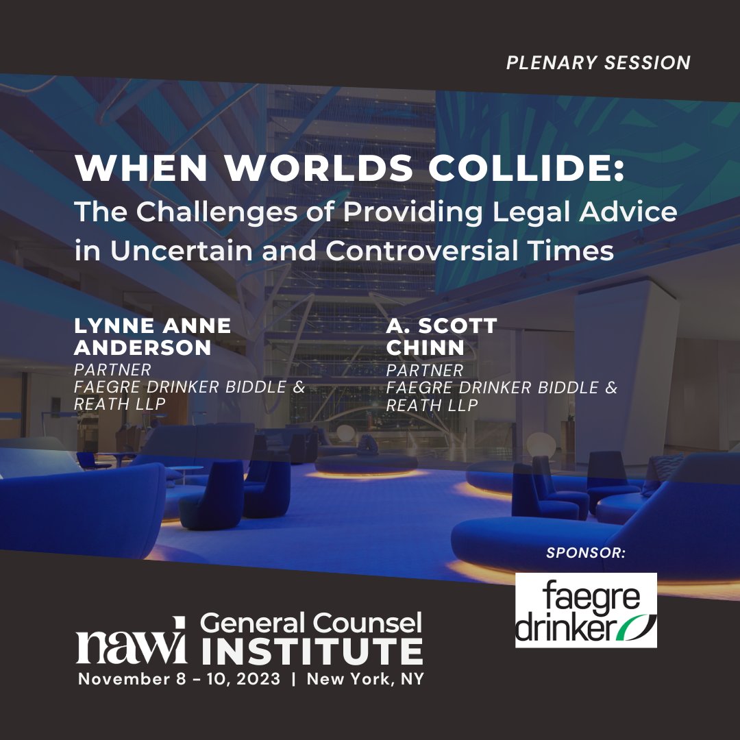 NAWLWomeninLaw's tweet image. Current political and social friction creates a difficult space for #generalcounsel. Navigate these challenges with us at #GCI2023. We&apos;ll hear from two @Faegre Drinker experts.

Still time to register! nawl.org/2023-general-c…

#NAWLGCI #NAWL #conference #NAWLWomeninlaw