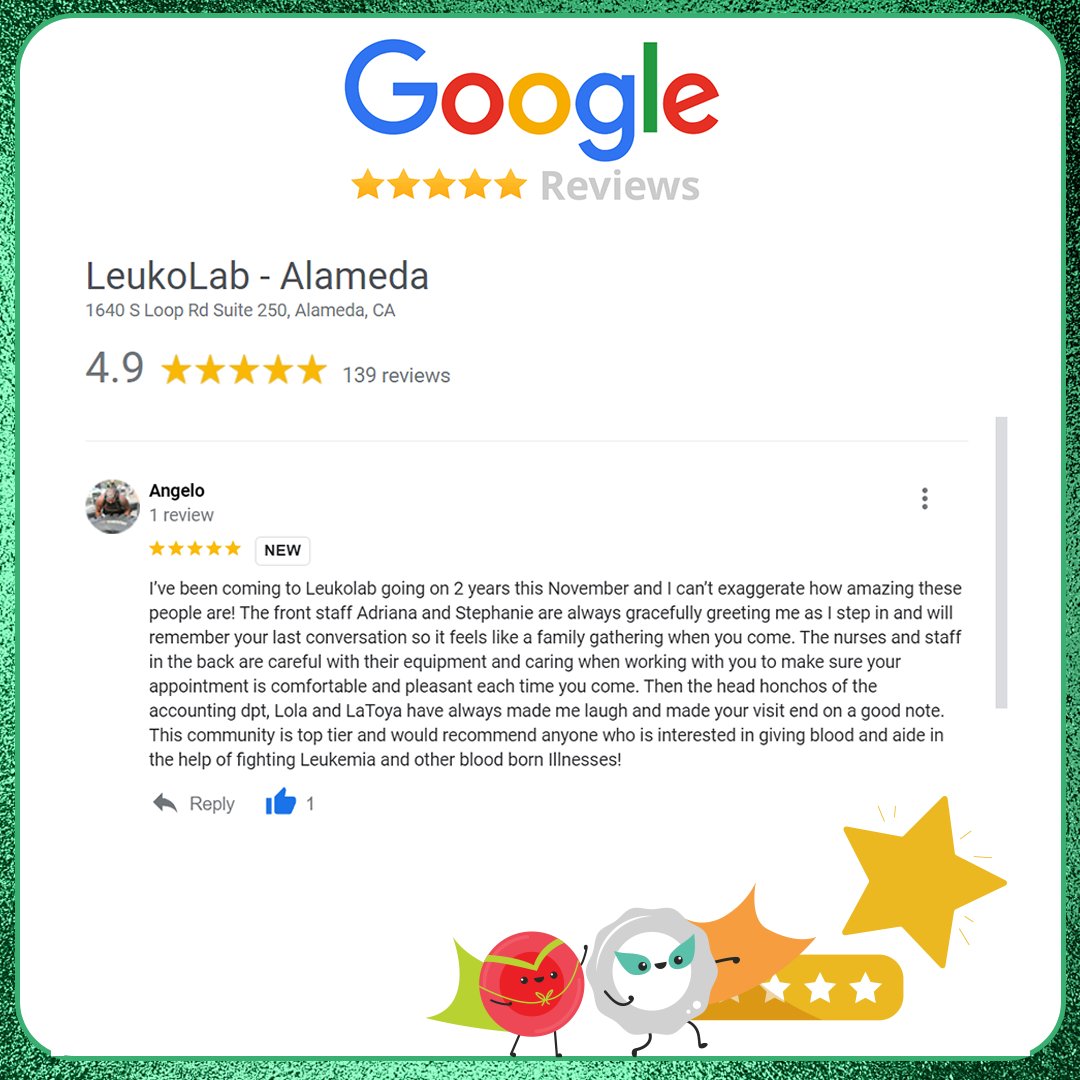 LeukoLab_donate's tweet image. We #LeukoLove it when we receive a 5-star review! Read more 5-star reviews via our Google page here - bit.ly/Google_Alameda  
•  
#LeukoLab  
#AllCells  
#DiscoveryLifeSciences  
#Alameda  
#California  
#Quincy  
#Massachusetts   
#Alabama  
#Huntsville  
#DonateBlood