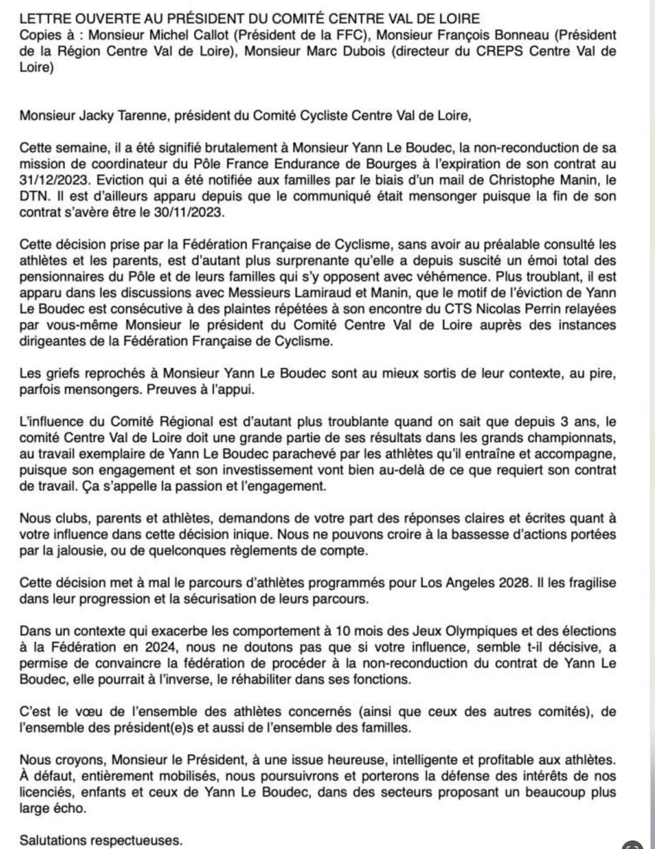 Voici donc la lettre ouverte envoyée au Comité CVDL, avec en copie le président de la @FFCyclisme, mais aussi celui de la région @RCValdeLoire et celui du @CREPSduCentre.