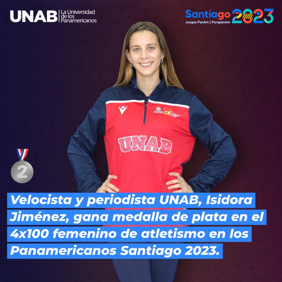 uandresbello's tweet image. ¡Felicitaciones Isidora! 👏🥈 La velocista y Alumni de Periodismo UNAB, Isidora Jiménez, junto a sus compañeras del Team Chile batieron el récord nacional de la disciplina y lograron medalla de plata en el 4x100 femenino de atletismo.

#SomosUNAB #Santiago2023 #OrgulloUNAB…