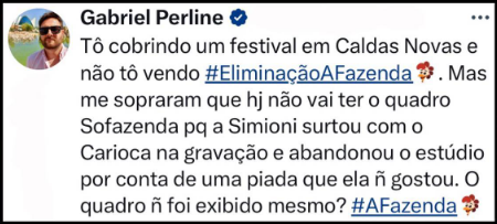 nossafm973's tweet photo. Vish 😬! Segundo Gabriel Perline, Simioni, ex participante da #AFazenda15 teve uma crise durante a gravação com Carioca, e por esse motivo o quadro não foi ao ar!  De acordo com o jornalista, o Carioca fez uma piada que a ex peoa não gostou..
#Carioca #Simione #AFazenda15 https://t.co/MlLwYbpz3V