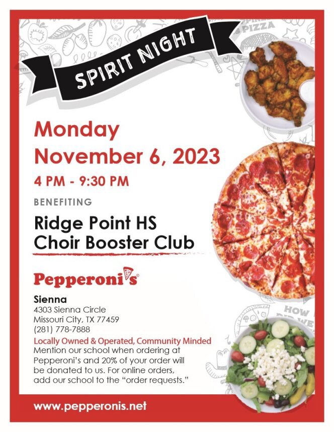 Help support our choir program Monday, November 6th from 4pm-9:30pm by ordering at Pepperoni’s! 🍕