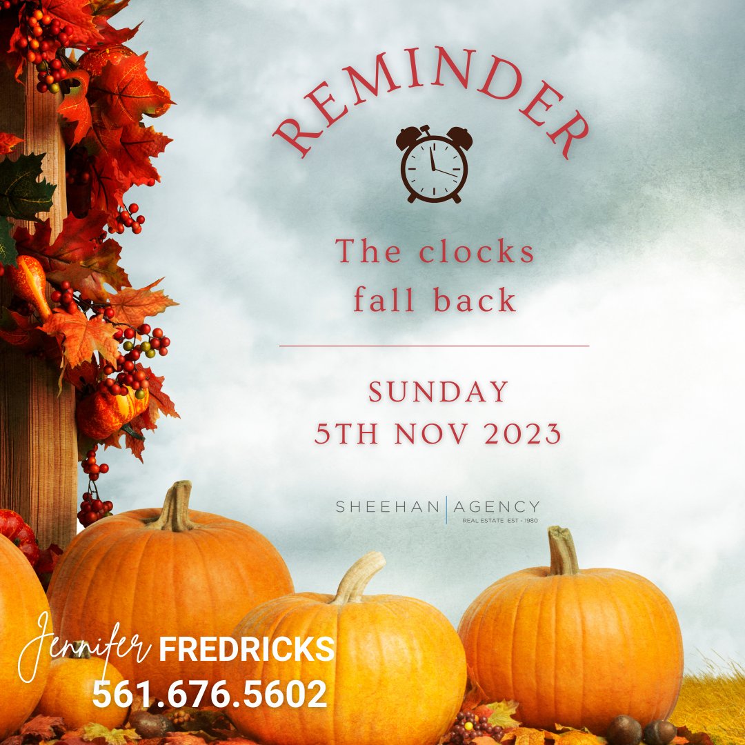 #daylightsavings
Clocks will “fall back” one hour at 2 a.m. local time on Sunday, November 5, 2023.🍂🔙 It’s Time to Fall Back and Enjoy that Extra Hour of Sleep! 🌙
#adventurerealtor
#FallBack #ExtraHourOfSleep
#thesheehanagency #sheehanrealty #realestate
#realestatelife