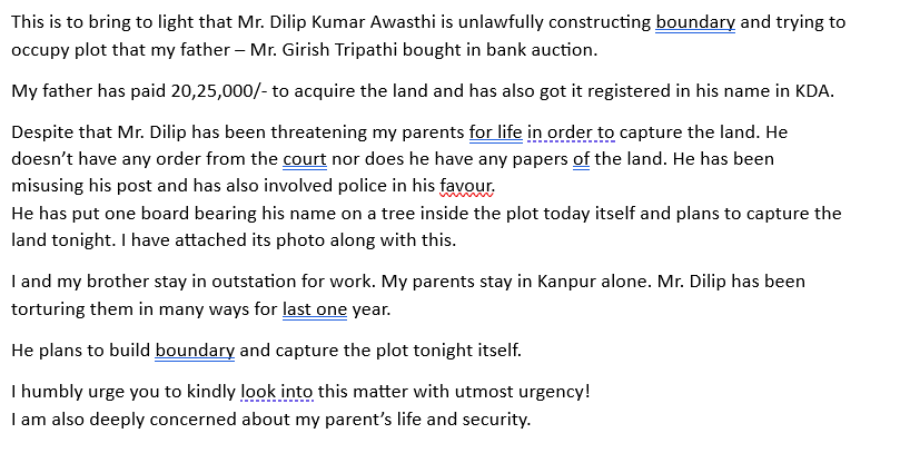Sachinspivation's tweet photo. DGC - Crime Kanpur Nagar - Mr. Dilip Kumar Awasthi is unlawfully trying to capture my father's land and giving life threats. https://t.co/Xl1RROJOzY