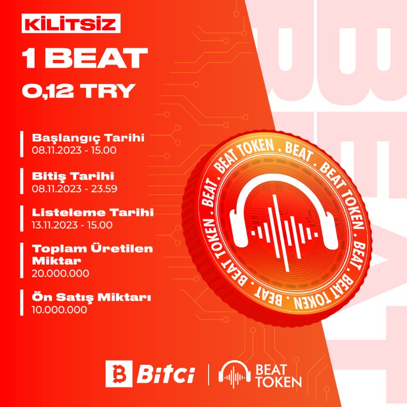 safebitcom's tweet photo. 📢 Bitci'den Yeni Token Arzı!
🎧 Kurulacak olan BEAT adlı müzik ve ses platformu tokenı #BeatToken Bitci'de arz ediliyor!
1️⃣. Kilitli arz seçeneği 7 Kasım saat 15.00'te başlayıp, 7 Kasım saat 23.59'da sona erecektir.
💰 Kilitli: 1 $BEAT 0,10 TRY'den satışa sunulacak.