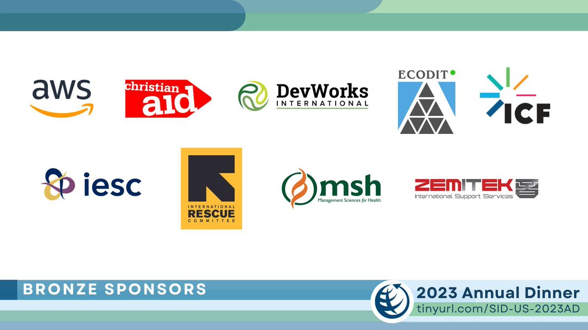 SID-US (@sidunitedstates) on Twitter photo We look forward to seeing our #SIDUSAnnualDinner Sponsors at the Washington Hilton on November 15! ⭐ Thank you to our Bronze Sponsors: <a href="/awscloud/">Amazon Web Services</a> | <a href="/christian_aid/">Christian Aid</a> | <a href="/DevWorks_Intl/">DevWorks International</a> | <a href="/ECODIT_LLC/">ECODIT</a> | <a href="/ICF/">ICF</a> | <a href="/IESC1964/">IESC</a> | <a href="/RESCUEorg/">IRC - International Rescue Committee</a> | <a href="/MSHHealthImpact/">MSH</a> | <a href="/ZemiTek_LLC/">ZemiTek</a> We look forward to seeing our #SIDUSAnnualDinner Sponsors at the Washington Hilton on November 15! ⭐ Thank you to our Bronze Sponsors: <a href="/awscloud/">Amazon Web Services</a> | <a href="/christian_aid/">Christian Aid</a> | <a href="/DevWorks_Intl/">DevWorks International</a> | <a href="/ECODIT_LLC/">ECODIT</a> | <a href="/ICF/">ICF</a> | <a href="/IESC1964/">IESC</a> | <a href="/RESCUEorg/">IRC - International Rescue Committee</a> | <a href="/MSHHealthImpact/">MSH</a> | <a href="/ZemiTek_LLC/">ZemiTek</a>