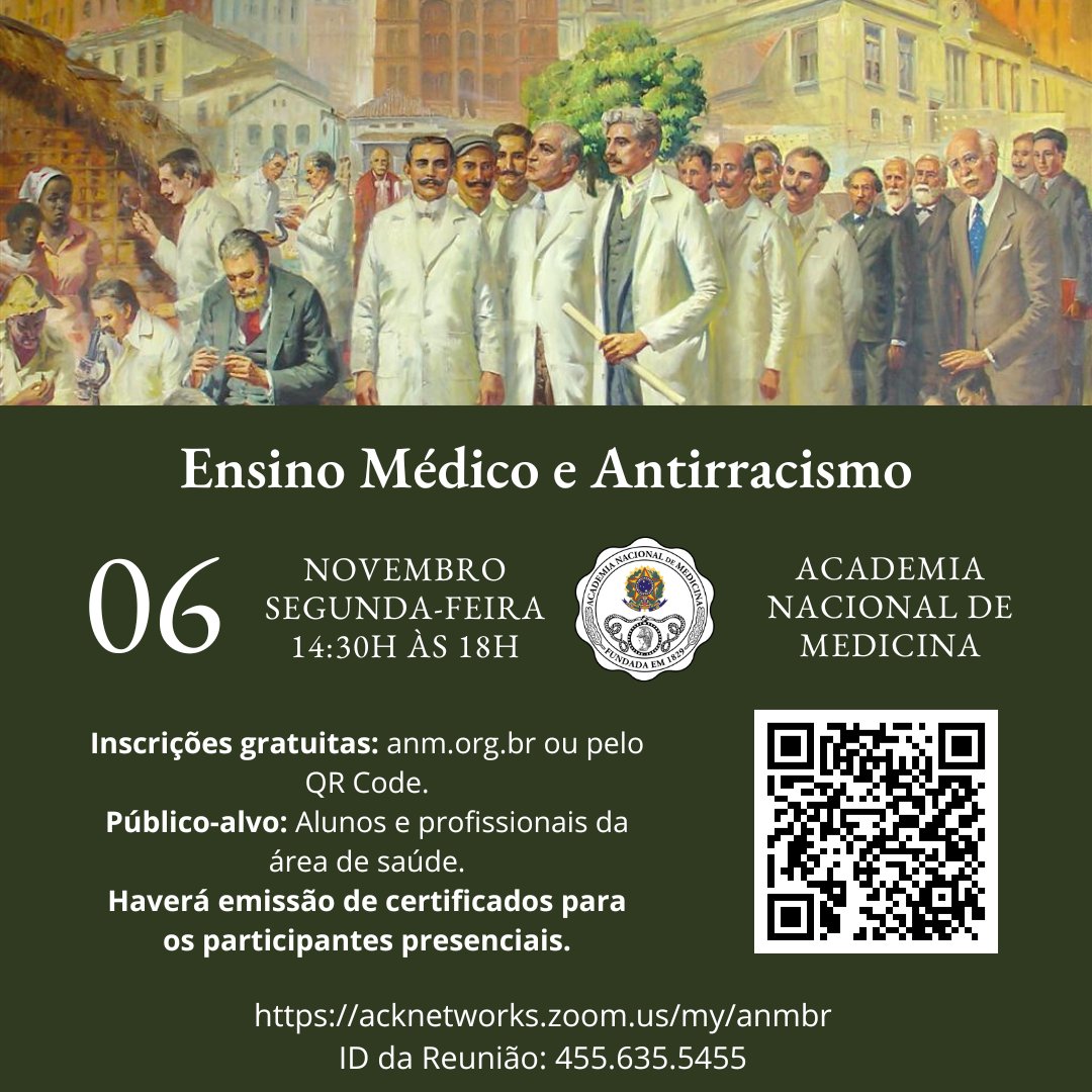 acadnacmed (@acadnacmed) on Twitter photo Ensino Médico e Antirracismo
06 de novembro de 2023
Horário: 14:30h às 18h
Emissão de certificados para os participantes presenciais do evento. Para se inscrever, acesse o link: anm.org.br/ensino-medico-…
ID da Reunião: 455.635.5455
#saude #medicina #simposio2023 Ensino Médico e Antirracismo
06 de novembro de 2023
Horário: 14:30h às 18h
Emissão de certificados para os participantes presenciais do evento. Para se inscrever, acesse o link: anm.org.br/ensino-medico-…
ID da Reunião: 455.635.5455
#saude #medicina #simposio2023