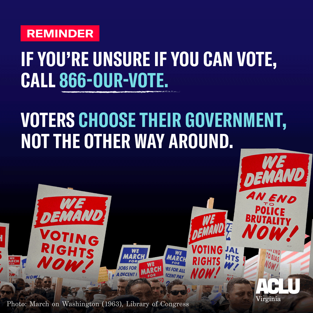 At least 3,400 returned Virginians have had their voting rights illegally purged &amp; later reinstated, just days before VA's critical election.
 
This mistake can't happen again. Virginians should be able to trust their government won't take away their right to vote.
 
VOTE NOV. 7!