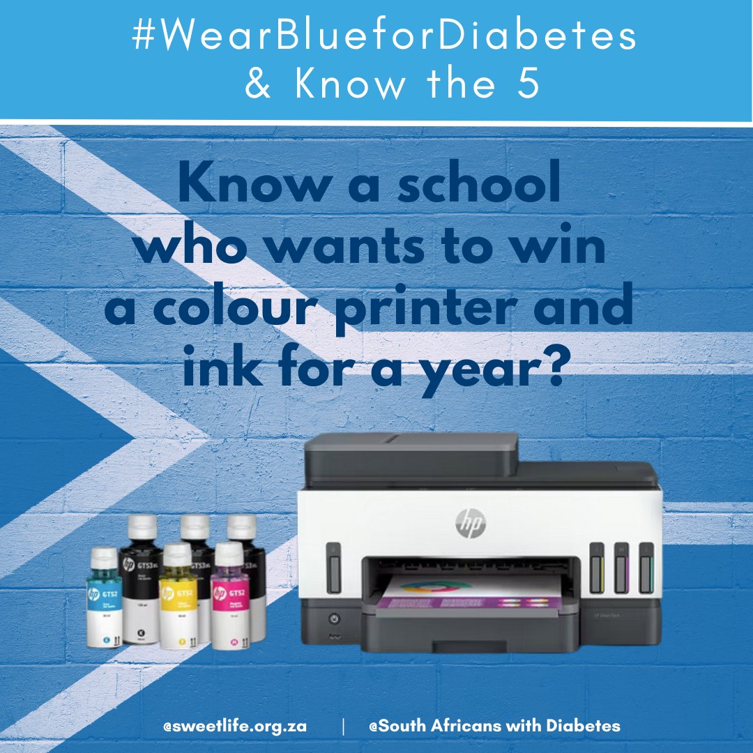 Encourage your school to take part in the 5 Symptoms Challenge!

One school will win a colour printer and ink for a year!

All you have to do to enter is post a picture or video of your learners sharing the 5 symptoms of diabetes, with the hashtag #WearBlueforDiabetes.