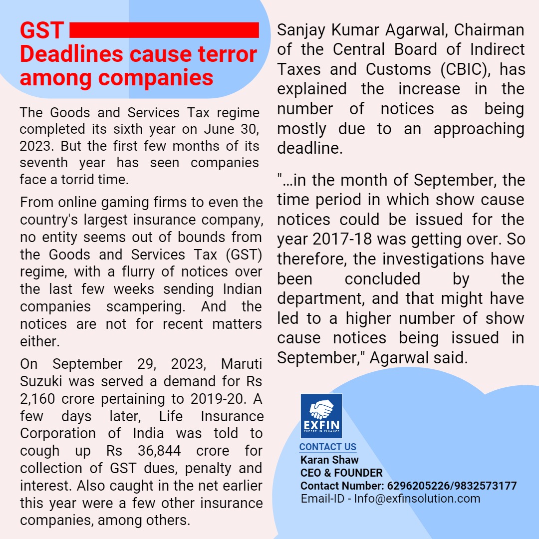 exfin_solution's tweet photo. GST under strict check!!! Deadlines cause terror among companies!! #GST #GoodsAndServicesTax #Taxation #TaxCompliance #GSTIndia #GSTReturn #GSTRegistration #IndirectTax #TaxFiling #GSTUpdates #Exfin #ExfinSolution #ESPL #Finance #Investing #StockMarket #FinancialFreedom https://t.co/k0Twb3lHs7