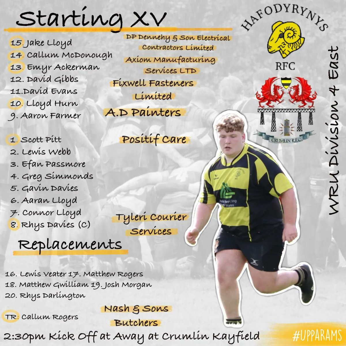 HafodyrynysRFC's tweet photo. The selected 21 for the short trip to @Crumlin RFC this Saturday away at the Kayfield

Come and support the rams as they look to continue in the WRU Division 4 East league

Massive thank you as always to all the matchday sponsors!

#UppaRams https://t.co/4SXKnLEPIF