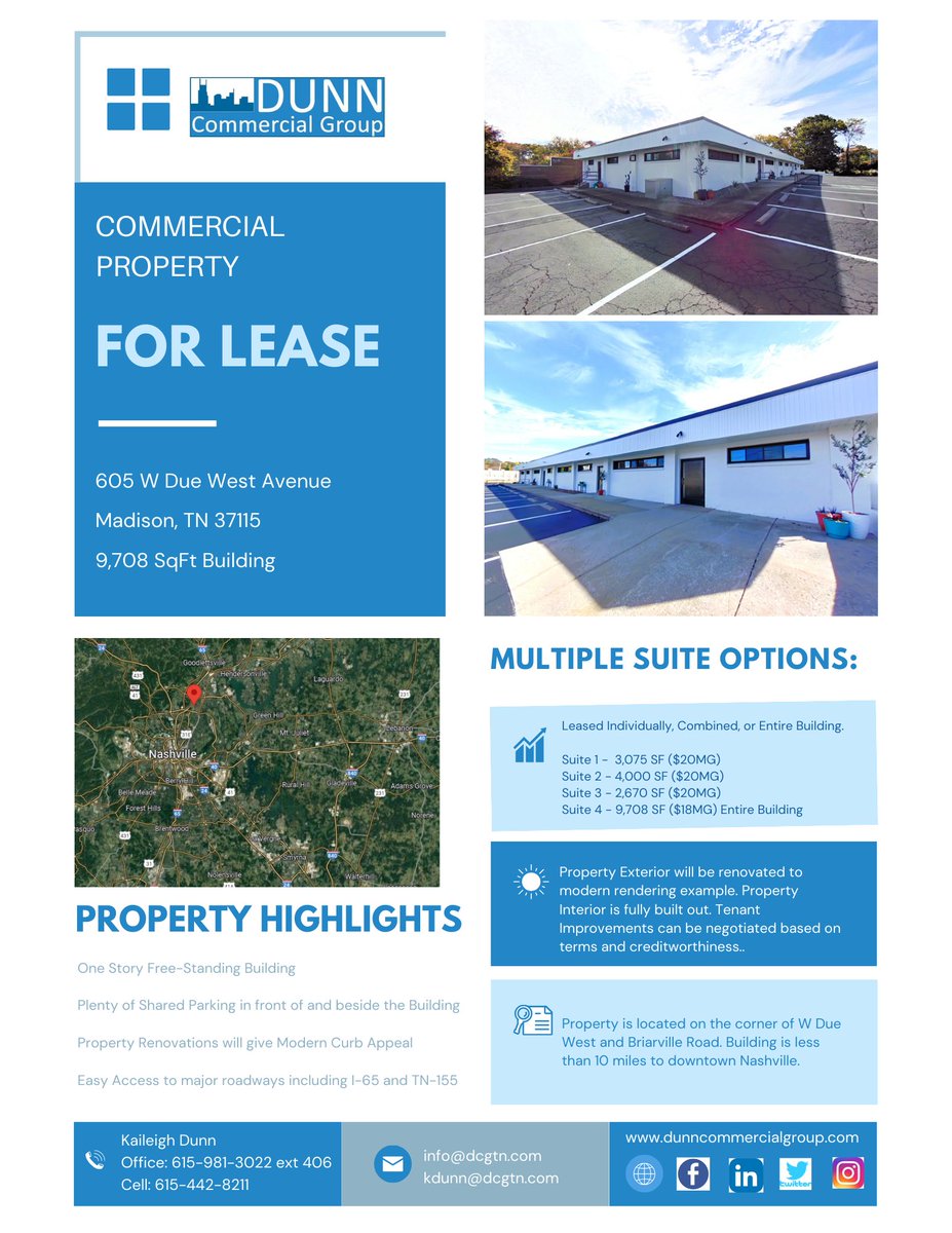 DunnCommGroup's tweet photo. PRICE REDUCTIONS on Lease Space in Madison, TN!! Space is fully built out and exterior was recently renovated! Great opportunity to occupy 2,870 - 9,708 SqFt. 🎉💙🎉

#DCGCommittedToCommunity #NashvilleCRE #CommercialRealEstate https://t.co/rRRvetSFBz