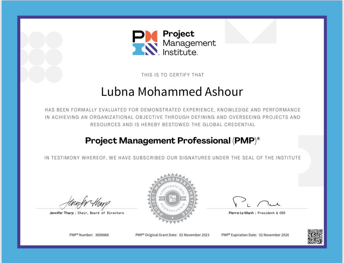 LubnaAsh_'s tweet photo. الحمد لله على توفيقه تم حصولي على شهادة إدارة المشاريع الاحترافية.

I am thrilled to announce that I've successfully passed the PMI-PMP exam and I am now a certified Project manager by the Project Management Institute PMP® https://t.co/fCuohJNSqn