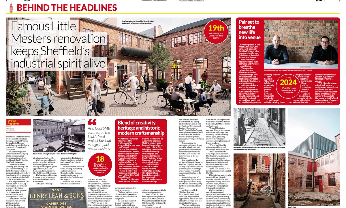 Nice spread in today's @SheffieldStar designed by @danielbailey100 as businesses and tradespeople across the city bring a Grade II-listed former Little Mesters workshop at @LeahsYard back to life. The yard is seen as a key to @Sheff_HoC2, led by @SheffCouncil and Queensberry.