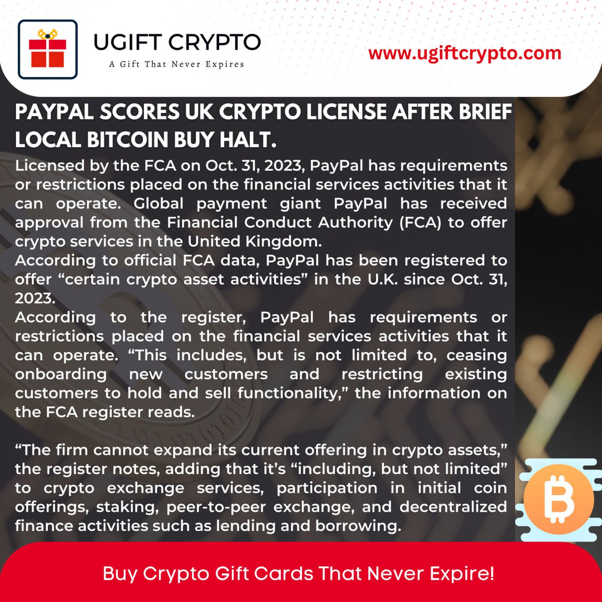 giftcryptotoken's tweet photo. PayPal scores UK crypto license after brief local Bitcoin buy halt.
Buy Crypto Gift Cards That Never Expire!
💠https://t.co/Keko7igO9S
#paypal #payment #paycrypto #uk #cryptolicense #bitcoin #trading #metamask #nft #ugiftcryptotoken https://t.co/E7PPIzcq4I