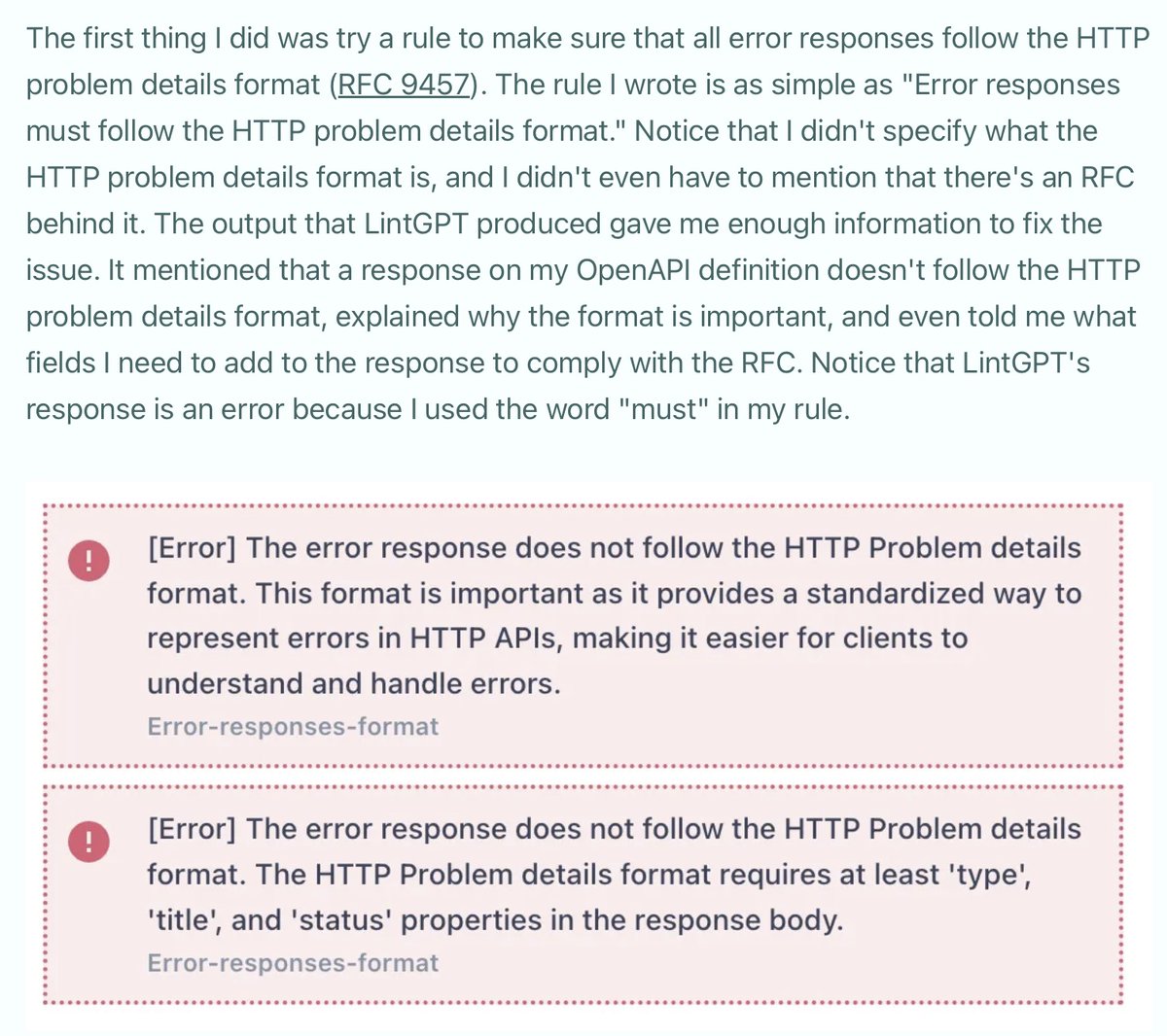 Optic (@useoptic) on Twitter photo Apparently LintGPT knows the RFCs!! Nice find <a href="/bpedro/">Bruno Pedro</a> We didn't even think to try that.
apichangelog.substack.com/p/lintgpt-ai-a… Apparently LintGPT knows the RFCs!! Nice find <a href="/bpedro/">Bruno Pedro</a> We didn't even think to try that.
apichangelog.substack.com/p/lintgpt-ai-a…