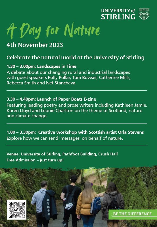 A Day for Nature @StirUni tomorrow including launch of @paperboatswrite new e-zine. Free and full of good things and fabulous people including @pollypullar1 @argatyredkites @beckorio @KathleenJamie @CharltonLeonie #ClimateCrisis #NatureWriting