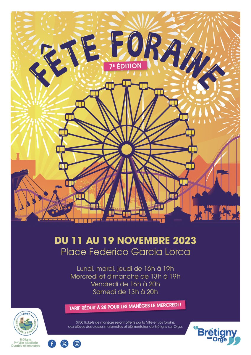 Bretigny91's tweet photo. [Fête Foraine] 🎡

À vos agendas ! La fête foraine de la ville revient pour sa 7ème édition du 11 au 19 novembre 2023, Place Federico Garcia Lorca.

Tarif réduit à 2€ pour les manèges le mercredi !

#animation #feteforaine #maneges #bonbons #sucrerie https://t.co/UKpafOun15