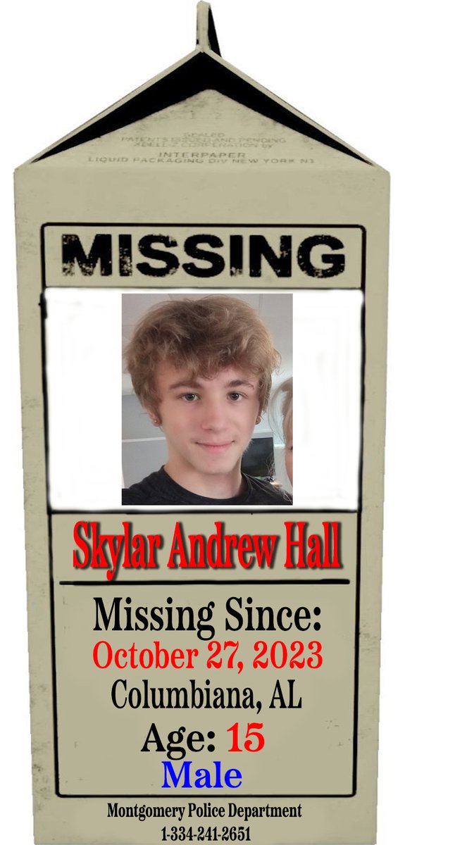 P_MilkCarton's tweet photo. 🚨🚨🚨 MISSING CHILD 🚨🚨🚨

Skylar Andrew Hall
Age: 15
Missing Since 10/27/23
#Columbiana, #Alabama 

#Montgomery Police Department
1-334-241-2651

#ProjectMilkCarton 
#MissingChildren 
#BringThemHome https://t.co/u6RHwJ0ei6