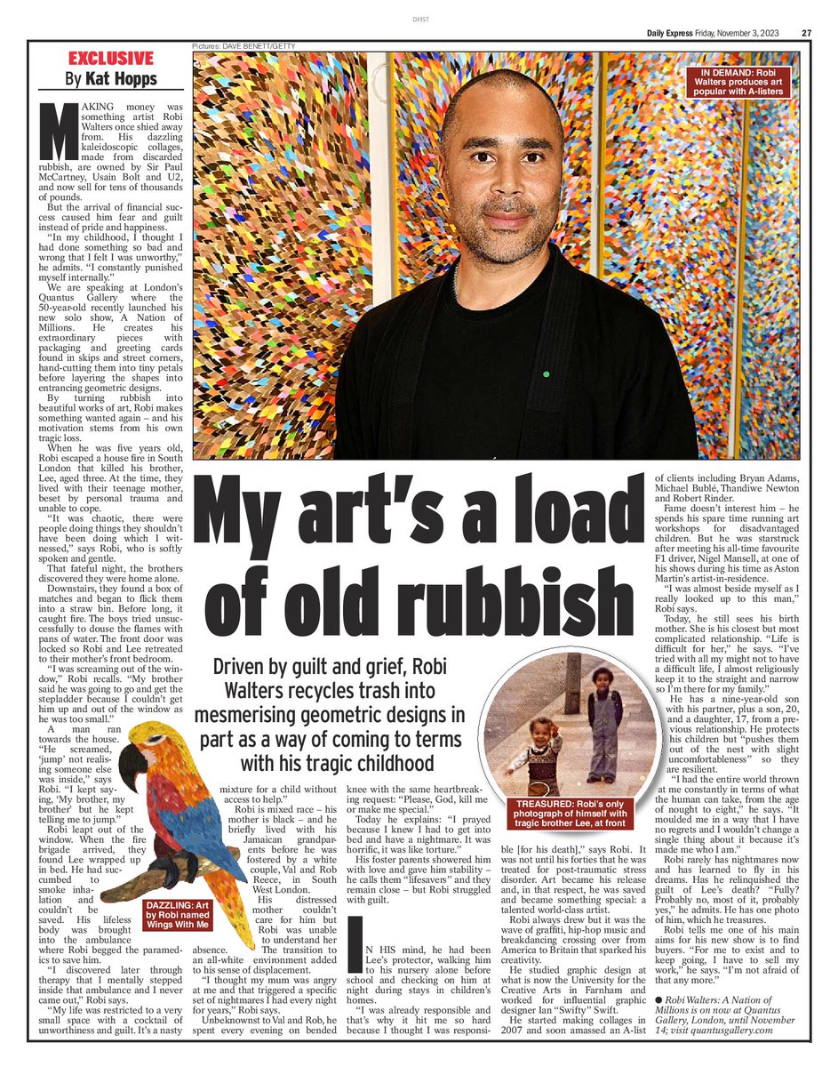 Super talented <a href="/robiwalters/">Robi Walters</a> upcycles old greeting cards into artwork to make the unwanted beautiful. His motivation stems from the tragic loss of his brother, Lee, who died aged 3 in a house fire when Robi was 5. Read his story in <a href="/Daily_Express/">Daily Express</a> &amp; see his new show <a href="/quantusgallery/">Quantus Gallery</a>