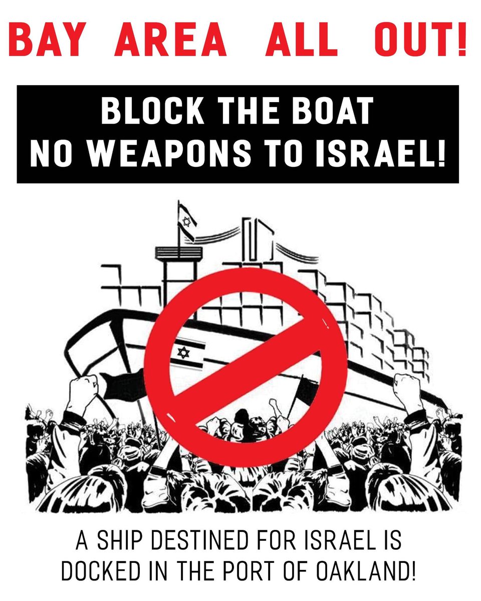HAPPENING NOW: A US militarily vessel destined to take military equipment to Israel is currently at the Port of Oakland. Communities currently protesting and we call on everyone to come out to the port to say enough is enough. No more US weapons to Israel for genocide!