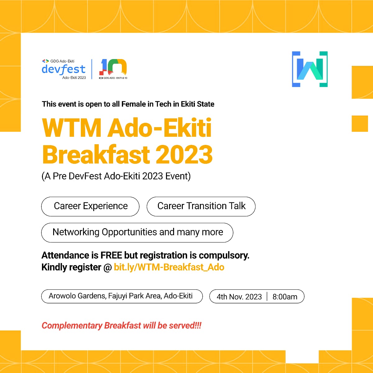 gdgadoekiti's tweet photo. Join us at WTM Ado-Ekiti Breakfast 2023, exclusively for tech-savvy women in Ekiti.
Attendance is FREE, but please register in advance to secure your spot: https://t.co/2Oj7nKbrqM
Don't miss this chance to connect!
#DevFest2023 #DevFestAdoEkiti #WTMAdoEkiti #TechForWomen https://t.co/ANKv4f4cQL