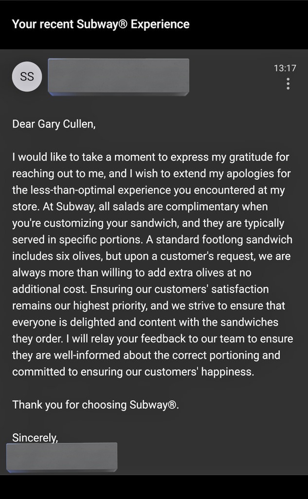 Chiefy666's tweet photo. @SUBWAY 6 slices of olive on a footlong sandwich? This is the reply from a complaint where I left without my sandwich because they tried to charge me extra for asking for a couple more Olives on my sandwich. It says on the sign "all the salad and sauce you like = free" https://t.co/TdFuHOfytS