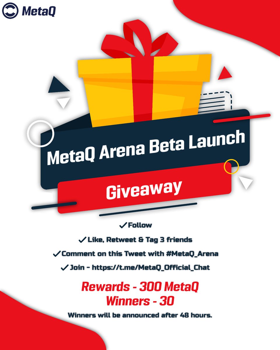 metaplanet99's tweet photo. MetaQ Arena Beta Launch Giveway 🥳

Rewards Pool - 300 MetaQ 🎁
Winners - 30 🔥

To participate in this giveaway
✅ Follow 
✅ Like, Retweet &amp; Tag 3 friends
✅ Comment on this Tweet with #MetaQ_Arena
✅ Join - https://t.co/wIc5Q9SzMc

48 hours ⏰
#Giveaways #P2E #MetaQ_Arena https://t.co/scbiqtiGRJ