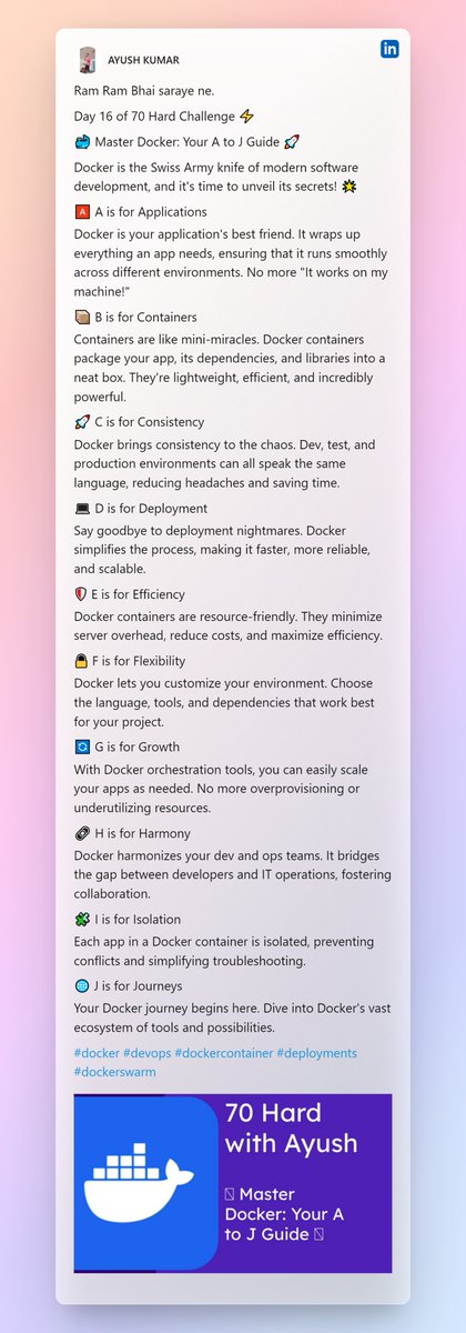 AyushKu38757918's tweet image. Ram Ram Bhai saraye ne.
Day 16 of 70 Hard Challenge โก
๐ณ Master Docker: Your A to J Guide ๐
#docker #devops #dockercontainer #deployments #dockerswarm
