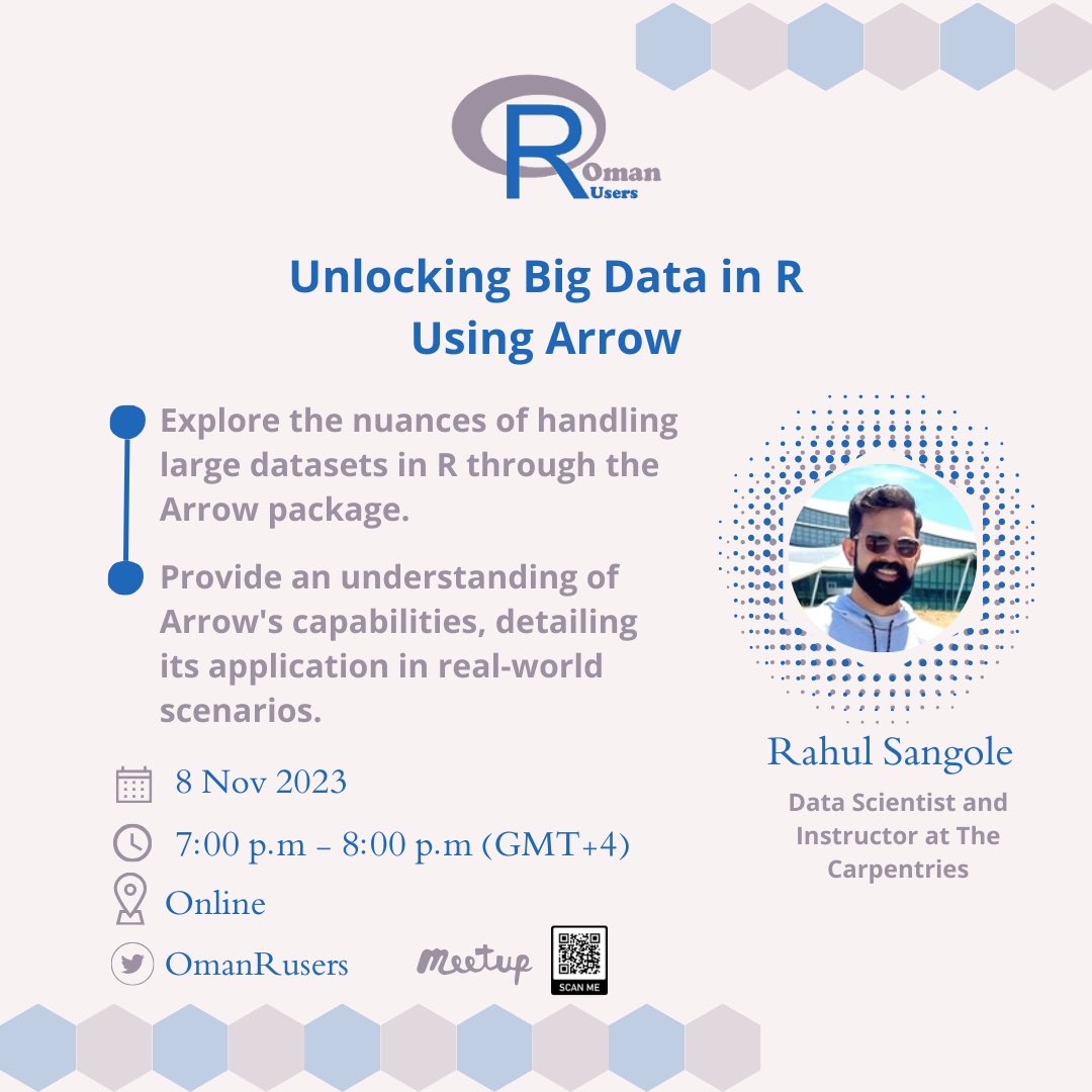 Hello!🕊️

Learn to Unlock #BigData using Arrow 
with the data scientist ✨Rahul Sangole✨

🗓 Wednesday  8/11  at 7.00pm (GST)

✔️RSVP on Meetup: meetup.com/oman-r-user/ev…

Or ⌨️ fill out the form below to send you the event link: forms.gle/rbiKTbKWUsZW6e…

#Rstat 
#DataScience