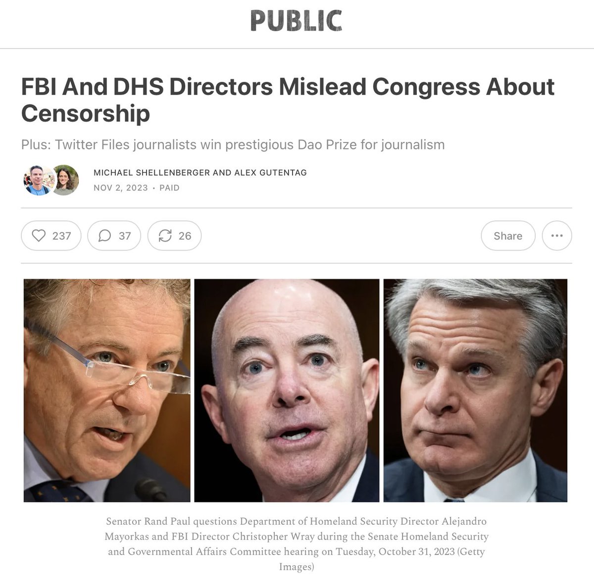 The Directors of the FBI & the Dept. of Homeland Security say they didn't violate the First Amendment by demanding censorship, but they did. And their recent statements before Congress suggest they not only know they did but also that they are scared of the consequences to come.