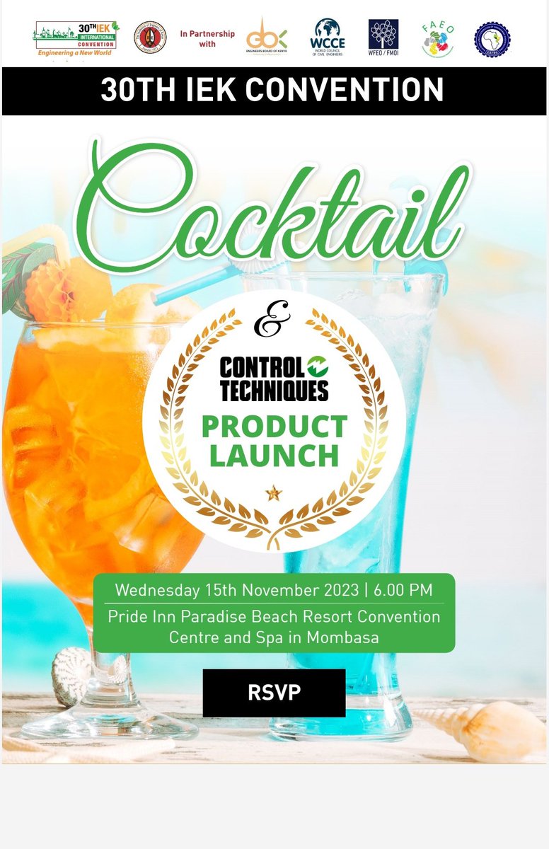 TheIEK's tweet photo. Control Techniques have partnered with us for the 30th IEK Convention and will be sponsoring a cocktail on Day 2 of the convention. An exciting night with lots of fun trivia, giveaways and (of course ) drinks by the beach awaits you! Kindly RSVP by filling out the form. 
https://t.co/LBM4s3NYb9
#30thIEKConvention 
@EngineersBoard
