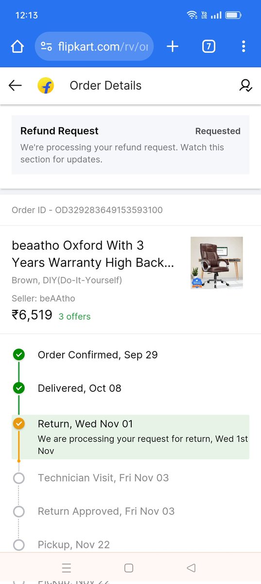 jaikantshardul's tweet photo. Hey @Flipkart 
I received chair in which the chair's stand was missing. I requested for refund &amp; also attached images as it asked, technician visit had scheduled, no one has come. I talked to customer care thrice, every time they generated Fresh refund request &amp; technician visit https://t.co/0gPVyx0QYZ