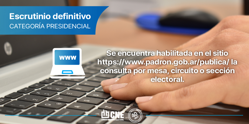#Elecciones2023

Escrutinio definitivo | Categoría presidencial

Se encuentra habilitada en padron.gob.ar/publica/ la consulta por mesa, circuito o sección electoral.