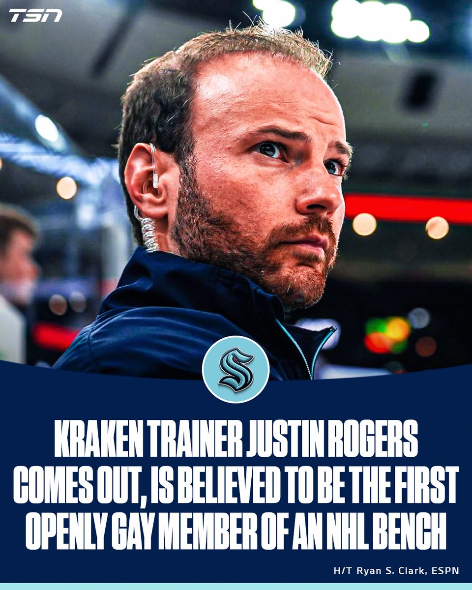 TSN_Sports's tweet photo. In an open letter shared by the Kraken, trainer Justin Rogers comes out as a gay man. According to ESPN, he is believed to be the first member of an NHL bench to do so. 

@SeattleKraken

H/T @ryan_s_clark, @espn https://t.co/bZ6FPdjwYk