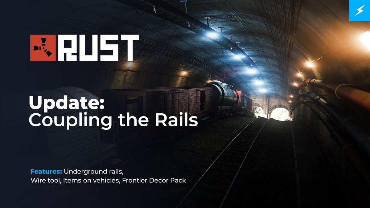 Shockbyte's tweet image. 💥RUST UPDATE💥 

The surface and underground rail networks are now linked, train signals have been added. Base decor pack released and a bunch of QOL and fixes!

#rust #rustserver #serverhosting