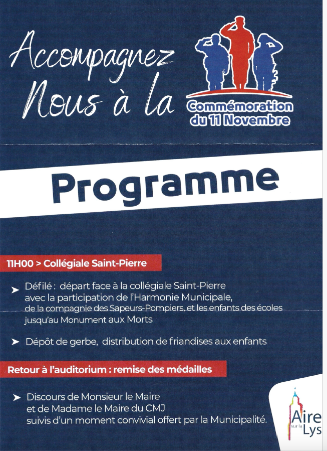 AireNouvelle1's tweet photo. ARMISTICE  !

Défilé plus court cette année à #AiresurlaLys pour la cérémonie du 11 novembre, avec un rassemblement devant la Collégiale, avant de se rendre à 11 heures au Monument aux Morts puis à l'auditorium de musique !

Pas de passage donc par l'Hôtel de Ville... https://t.co/GEniHBG7dn